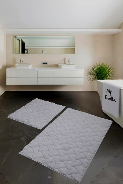 Desenli Tavşan Tüyü Yumuşak 2’li Banyo Paspası – Kaymaz Tabanlı Klozet Takımı Gri - 2