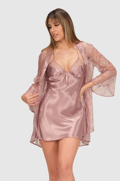 Vizon Dantelli Saten Gecelik Sabahlık Takımı ürün görseli 1