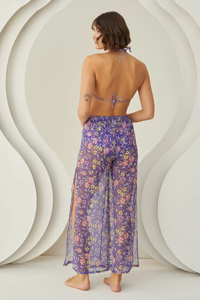 Renkli Bloom Yırtmaçlı Pareo Pantolon - 4