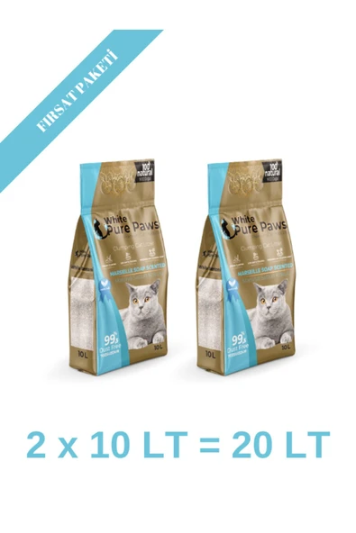 White Pure Paws Ince Taneli Marsilya Sabun Kokulu Bentonit Kedi Kumu 10 Litre X 2 Adet