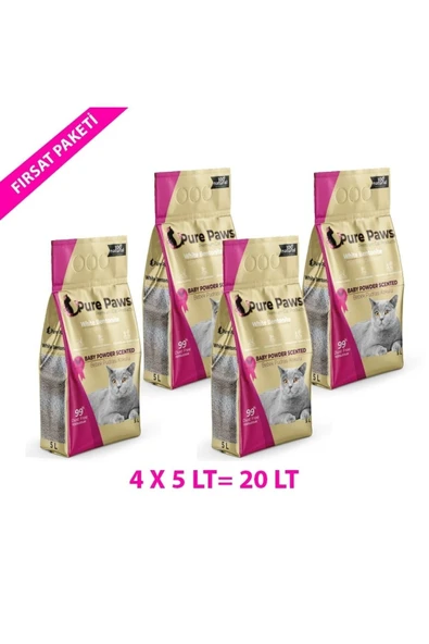 Pure Paws Ince Taneli Bebek Pudralı Bentonit Kedi Kumu 5 Litre X 4 Adet