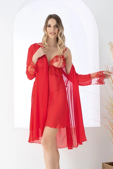 Kırmızı Queen Dantel İşlemeli Gecelik Sabahlık Takım