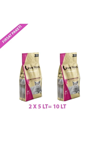 Pure Paws Ince Taneli Bebek Pudralı Bentonit Kedi Kumu 5 Litre X 2 Adet