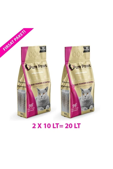 Pure Paws Ince Taneli Bebek Pudralı Bentonit Kedi Kumu 10 Litre X 2 Adet