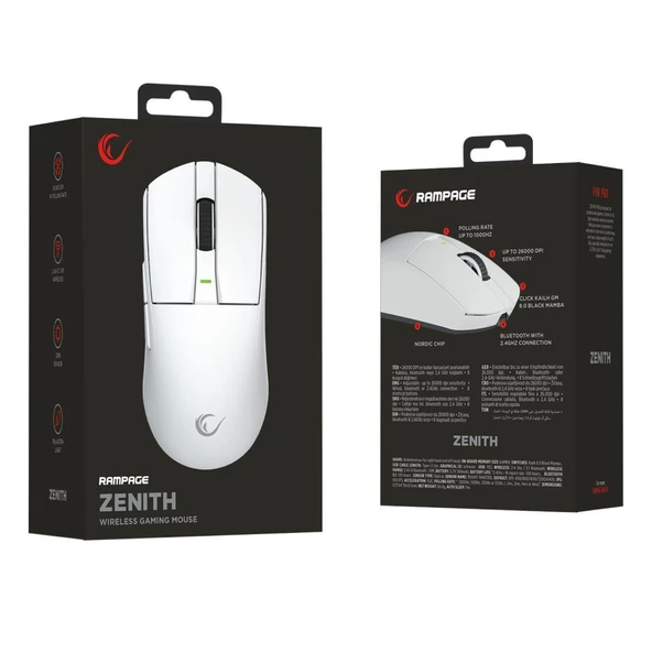 Rampage ZENITH BT+Wired+2.4G Beyaz Kablosuz PAW3395 NORDIC 52833 MCU Gaming Oyuncu Mouse - 7
