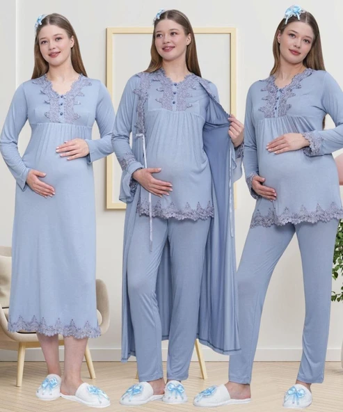 Mecit 1519 Bayan Hamile Lohusa Mavi Sabahlık Gecelik Pijama Seti ürün görseli
