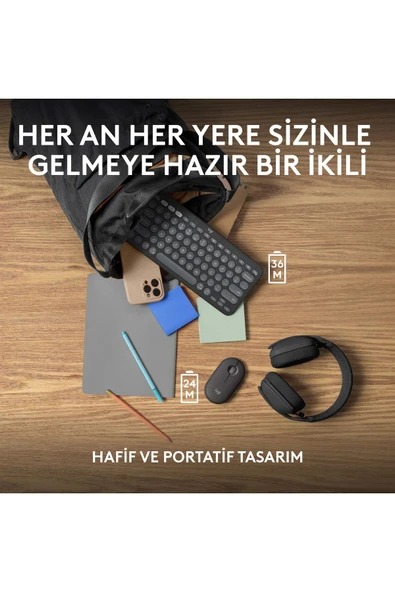 Pebble 2 Set Çoklu Cihaz Özellikli Sessiz Kablosuz Türkçe Q Klavye ve Mouse Seti - Siyah - 9
