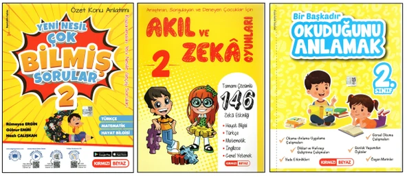 KIRMIZI BEYAZ 2. SINIF ÇOK BİLMİŞ SORULAR+AKIL VE ZEKA OYUNLARI+OKUDUĞUNU ANLAMAK (3 KİTAP)