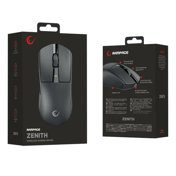 Rampage ZENITH BT+Wired+2.4G Siyah Kablosuz PAW3395 NORDIC 52833 MCU Gaming Oyuncu Mouse - 8