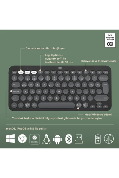 Pebble 2 Set Çoklu Cihaz Özellikli Sessiz Kablosuz Türkçe Q Klavye ve Mouse Seti - Siyah - 6