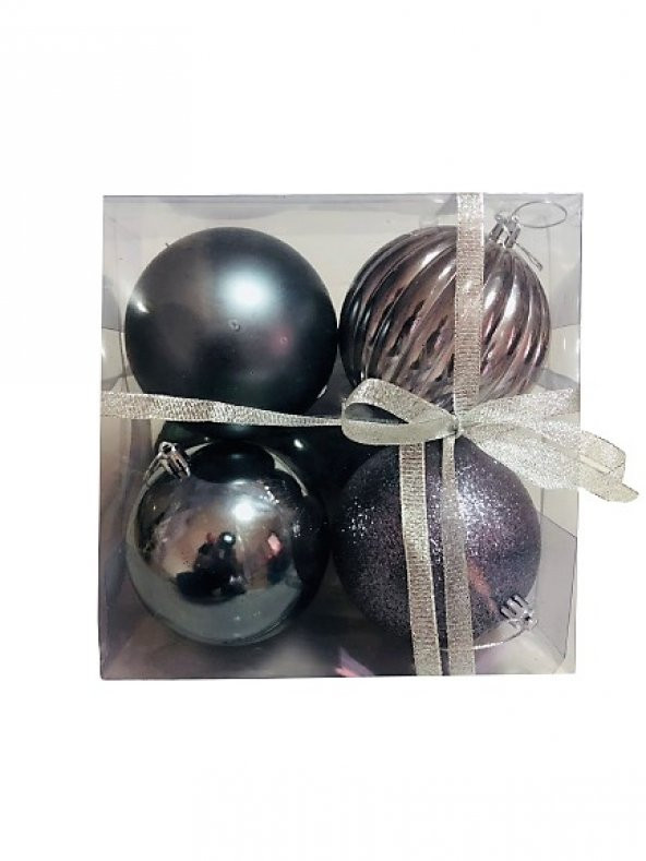 YILBAŞI TOP AĞAÇ SÜSÜ KOYU GRİ/GÜMÜŞ 4LÜ SET PLASTİK 10CM ürün görseli 1