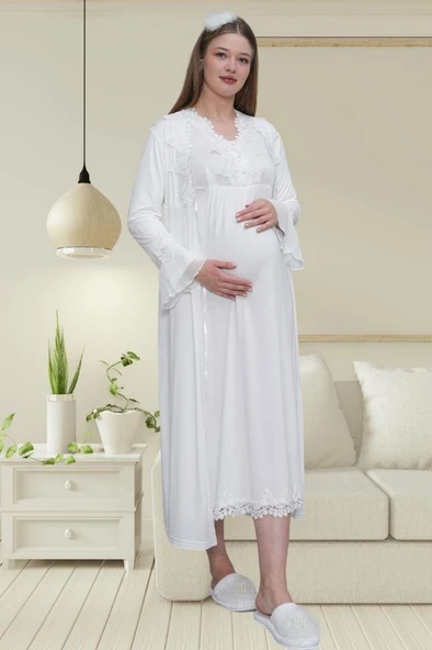 Mecit 1518 Bayan Hamile Lohusa Ekru Sabahlık Gecelik Takımı - Resim 2