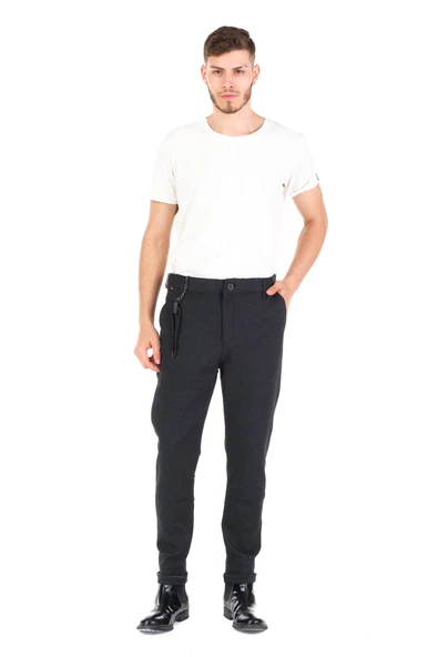 Erkek Regular Fit Beli Lastikli Düğmeli Zincirli Yandan Cepli Kaz Ayağı Desenli Spor Jogger Pantolon - 5