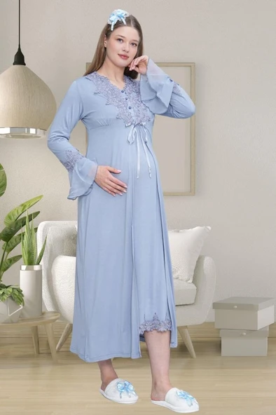 Mecit 1518 Bayan Hamile Lohusa Mavi Sabahlık Gecelik Takımı - Resim 3