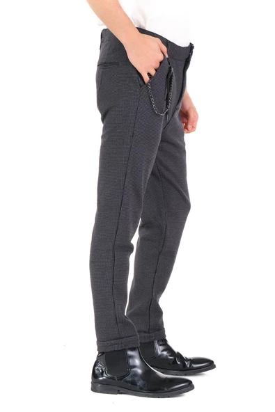 Erkek Regular Fit Beli Lastikli Düğmeli Zincirli Yandan Cepli Kaz Ayağı Desenli Spor Jogger Pantolon - 10