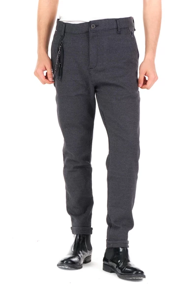 Erkek Regular Fit Beli Lastikli Düğmeli Zincirli Yandan Cepli Kaz Ayağı Desenli Spor Jogger Pantolon - 2