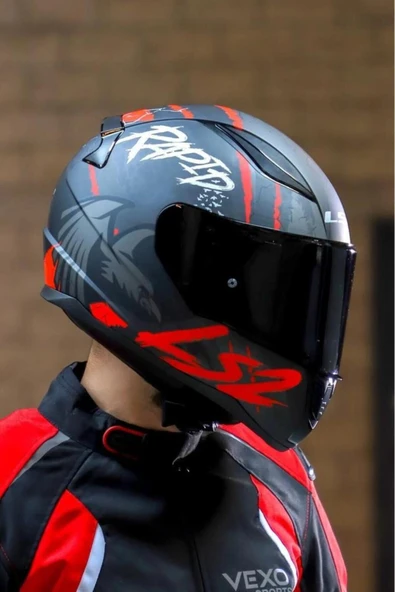 LS2 Rapid 2 Raven Mat Siyah-beyaz-kırmızı Kask Siyah Vizörlü