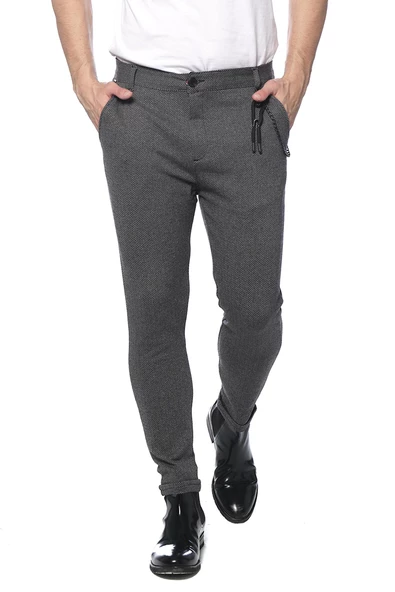 Erkek Regular Fit Beli Lastikli Düğmeli Zincirli Yandan Cepli Kaz Ayağı Desenli Spor Jogger Pantolon - 4