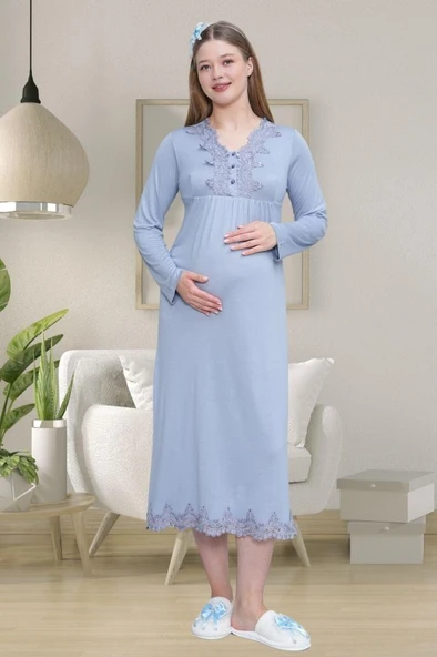 Mecit 1518 Bayan Hamile Lohusa Mavi Sabahlık Gecelik Takımı - Resim 2