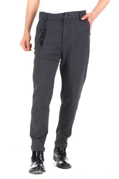 Erkek Regular Fit Beli Lastikli Düğmeli Zincirli Yandan Cepli Kaz Ayağı Desenli Spor Jogger Pantolon - 7