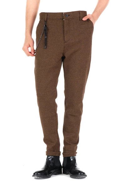 Erkek Regular Fit Beli Lastikli Düğmeli Zincirli Yandan Cepli Kaz Ayağı Desenli Spor Jogger Pantolon - 3