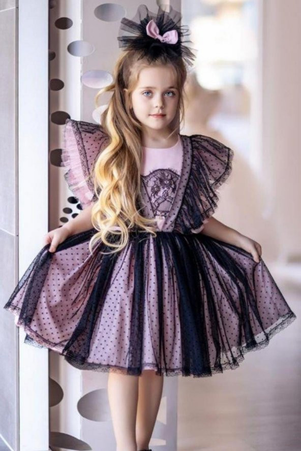 Kız Çocuk Pois Rosa Tüllü Pembe Salopet Elbise