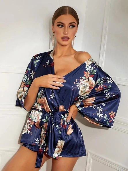 Litae Çiçek Desenli Mavi Mini Saten Gecelik Sabahlık - 4