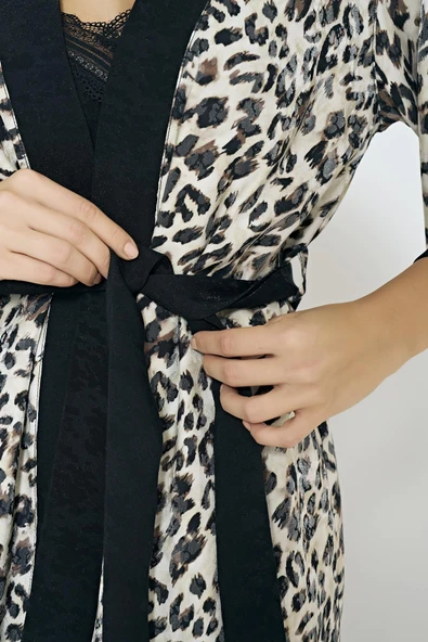 Litae Viskon Leopar Desenli Sabahlıklı Gecelik Takımı - 7
