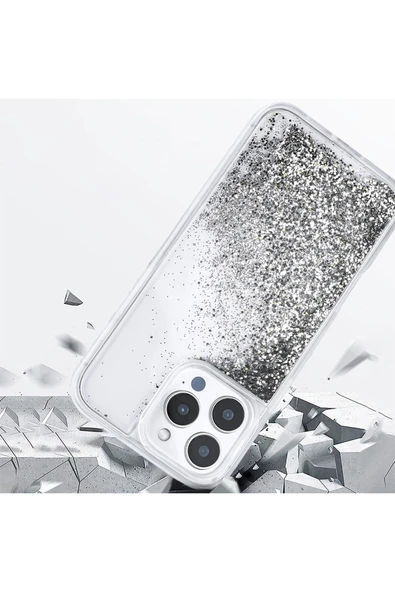 zore iPhone 15 Pro Max Kılıf Sıvılı Simli Şeffaf Arka Yüzey Zore Keto Silikon Kapak - Gümüş - 6