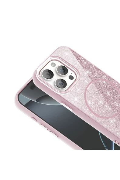 wenixs aksesuar iPhone 15 Pro Max Kılıf Magsafe Şarj Özellikli Parlayan Simli Zore Okso Kapak - Siyah - Resim 7