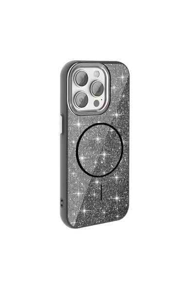 wenixs aksesuar iPhone 15 Pro Max Kılıf Magsafe Şarj Özellikli Parlayan Simli Zore Okso Kapak - Siyah - Resim 4