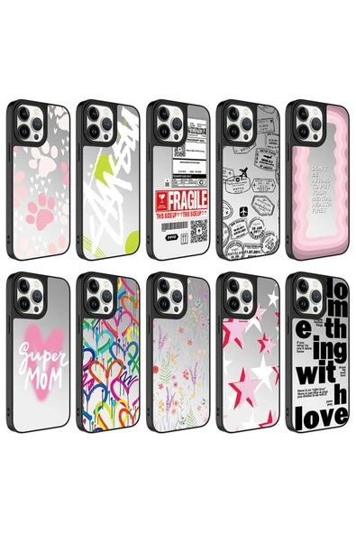Noir318 iPhone 13 Pro Max Uyumlu Aynalı Desenli Kamera Korumalı Parlak Zore Mirror Kılıf-Love - Resim 2