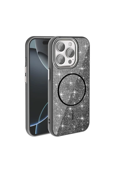 wenixs aksesuar iPhone 15 Pro Max Kılıf Magsafe Şarj Özellikli Parlayan Simli Zore Okso Kapak - Siyah - Resim 2