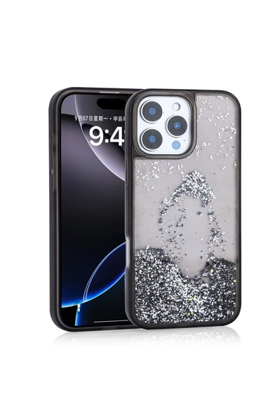 zore iPhone 14 Pro Max Kılıf Sıvılı Simli Şeffaf Arka Yüzey Zore Keto Silikon Kapak - Siyah - 5