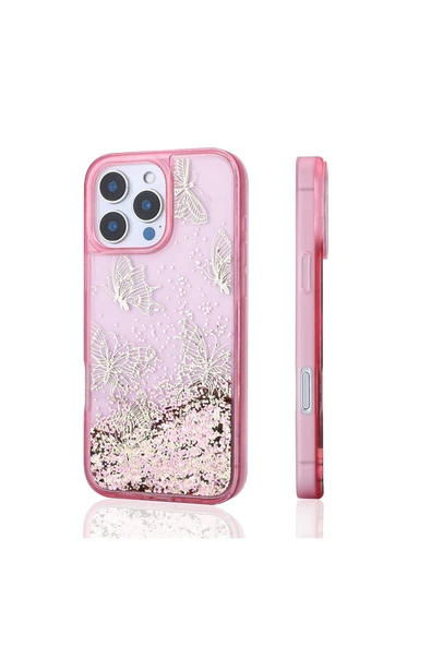 zore iPhone 16 Pro Max Uyumlu Kılıf Sıvılı Simli Kelebek Baskılı Şeffaf Arka Yüzey Zore Glis Silikon Kapa - 3