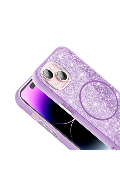 KILIFTECH iPhone 15 Plus Kılıf Magsafe Şarj Özellikli Parlayan Simli Zore Okso Kapak - Beyaz - Resim 5