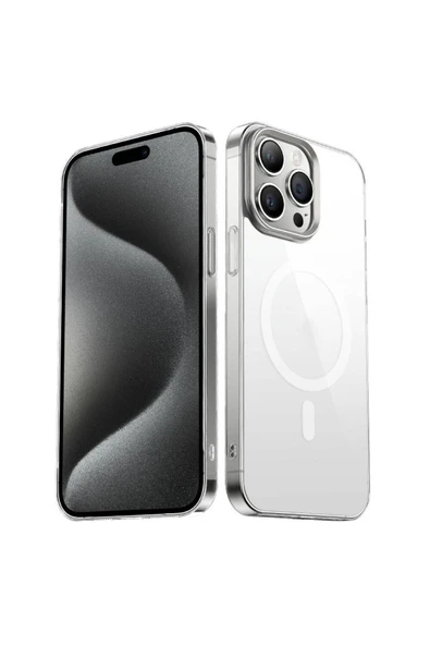 zore iPhone 15 Pro Uyumlu Zore Wireless Şarj Özellikli Şeffaf G-Glass Kılıf-Gümüş ürün görseli