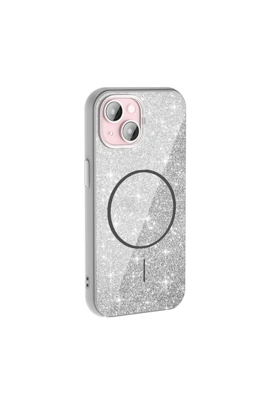 KILIFTECH iPhone 15 Plus Kılıf Magsafe Şarj Özellikli Parlayan Simli Zore Okso Kapak - Beyaz ürün görseli