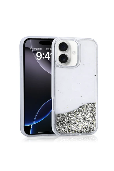 Strap U Apple iPhone 12 Kılıf Sıvılı Simli Şeffaf Arka Yüzey Keto Silikon Kapak