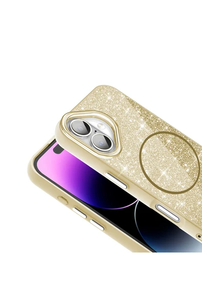 KILIFTECH iPhone 16 Plus Kılıf Magsafe Şarj Özellikli Parlayan Simli Zore Okso Kapak - Siyah - Resim 4