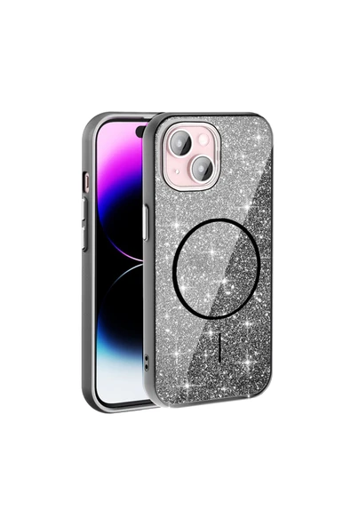 KILIFTECH iPhone 15 Plus Kılıf Magsafe Şarj Özellikli Parlayan Simli Zore Okso Kapak - Beyaz - Resim 3