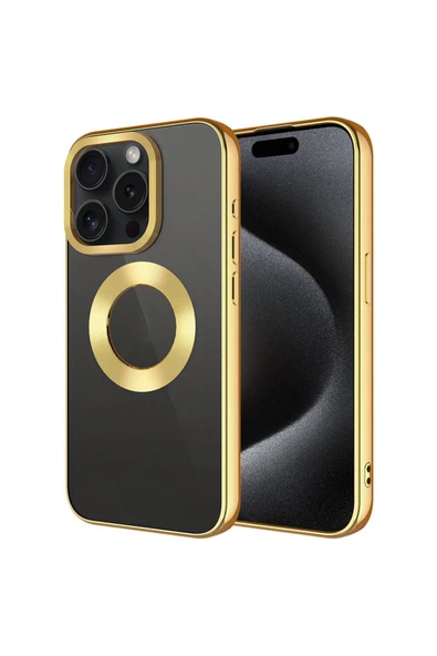 SAFA iPhone 15 Pro Max Uyumlu Tek Kamera Çerçeveli Logo Gösteren Zore Omega Kılıf-Gold ürün görseli 1