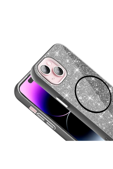 KILIFTECH iPhone 15 Plus Kılıf Magsafe Şarj Özellikli Parlayan Simli Zore Okso Kapak - Beyaz - Resim 4