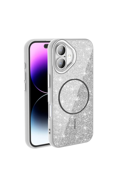 KILIFTECH iPhone 16 Plus Kılıf Magsafe Şarj Özellikli Parlayan Simli Zore Okso Kapak - Derin Mor - Resim 7