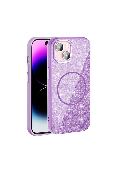 KILIFTECH iPhone 15 Plus Kılıf Magsafe Şarj Özellikli Parlayan Simli Zore Okso Kapak - Beyaz - Resim 6