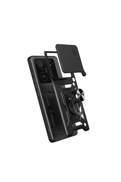 KILIFTECH Xiaomi 14T Pro Uyumlu Kılıf Magnetik Standlı Kamera Korumalı Zore Sürgülü Vega Kapak-Siyah - 2
