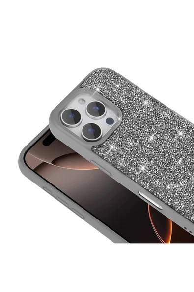 KILIFTECH iPhone 16 Pro Max Kılıf Parlak Taşlı Tasarım Zore Pırlanta Kapak - Gri - Resim 8