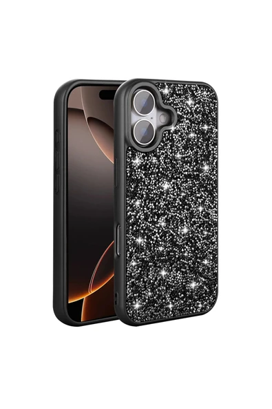 KILIFTECH iPhone 16 Plus Kılıf Parlak Taşlı Tasarım Zore Pırlanta Kapak - Gri - Resim 5