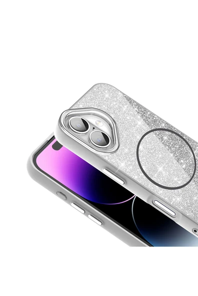 KILIFTECH iPhone 16 Plus Kılıf Magsafe Şarj Özellikli Parlayan Simli Zore Okso Kapak - Siyah - Resim 8