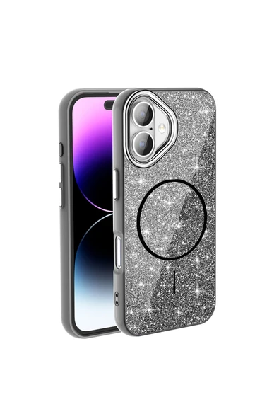 KILIFTECH iPhone 16 Plus Kılıf Magsafe Şarj Özellikli Parlayan Simli Zore Okso Kapak - Siyah - Resim 5